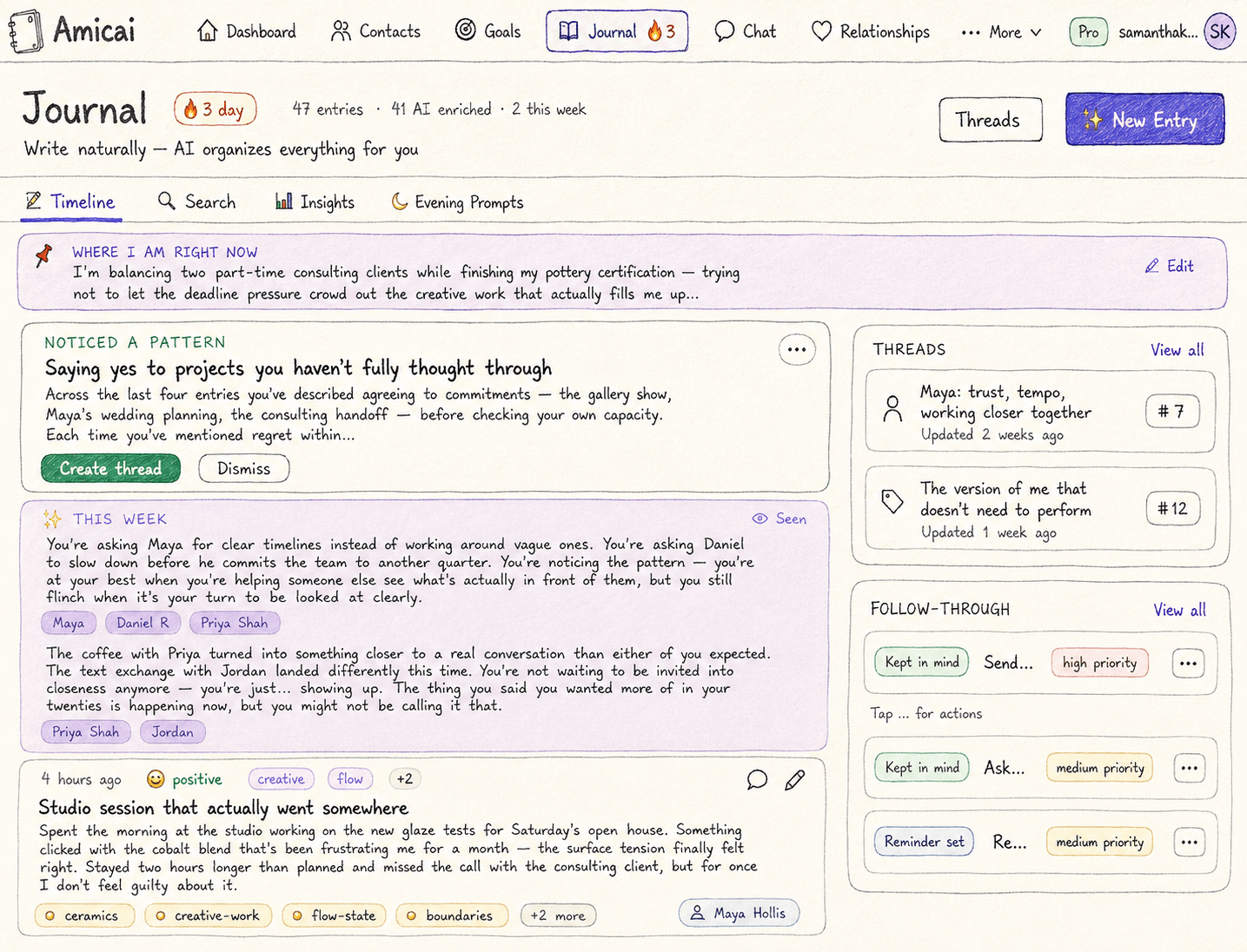 Hand-drawn illustration of the Amicai Journal page showing AI-organized entries, weekly reflections, and follow-through threads